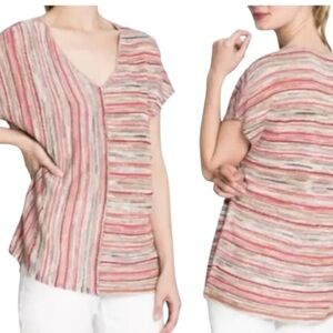 NIC+Zoe Tan/Orange Arizona Sunset Linen Vneck Knit Top Size Medium MSRP $158